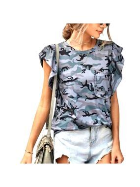 TRÏBE Gray Camouflage Print Ruffled Cap Sleeve T-shirt Top Size Medium NWT